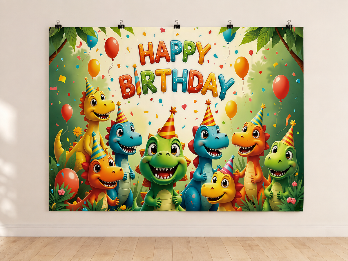 Colorful Dinosaurs Happy Birthday Backdrop — indoor wall-clip display; accessories not included