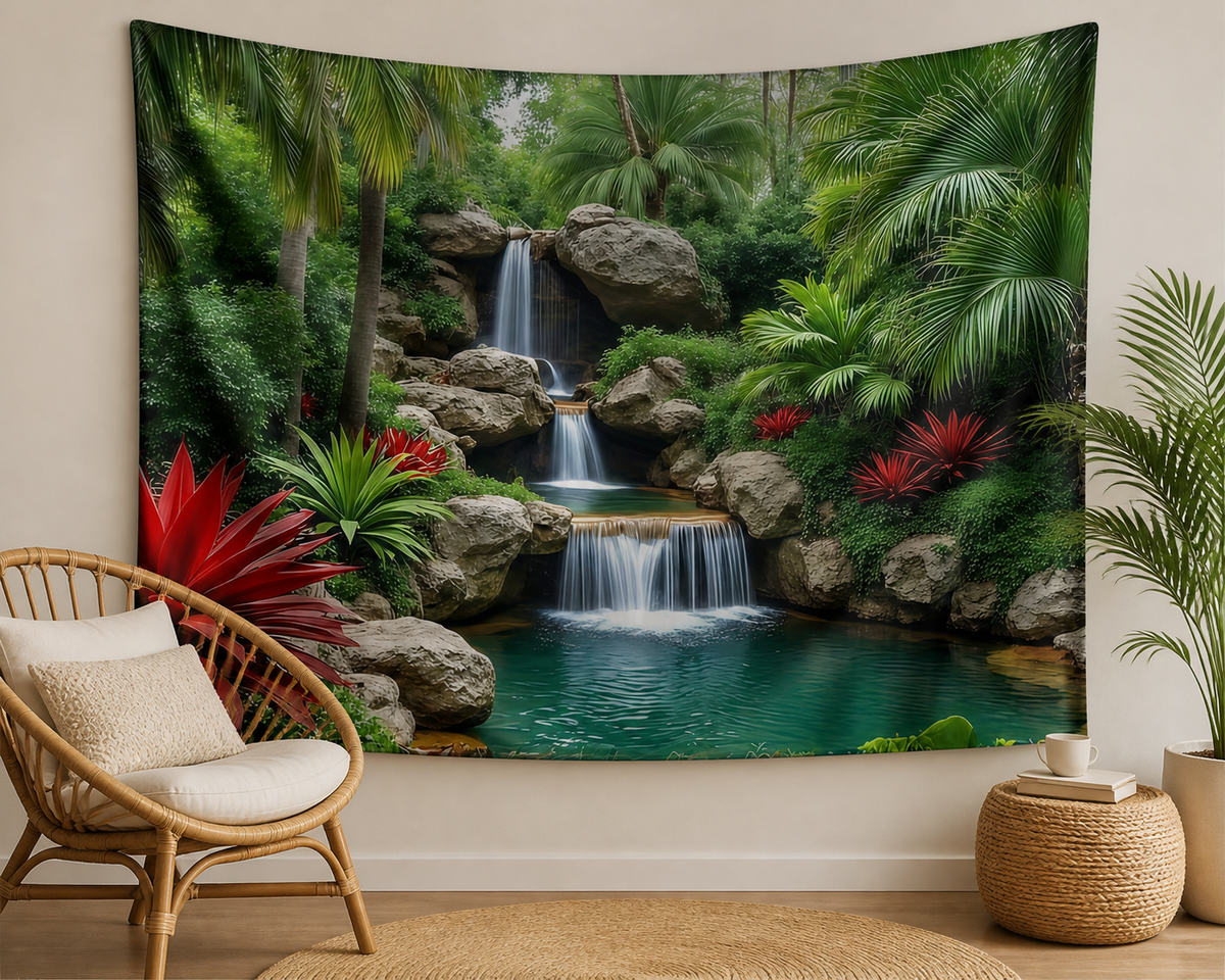Tropical Jungle Waterfall Tapestry Backdrop relaxation corner