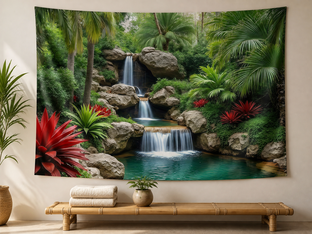 Tropical Jungle Waterfall Tapestry Backdrop wellness display