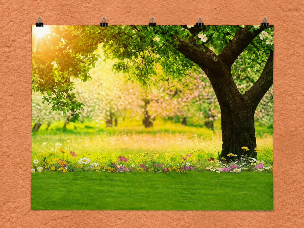 Spring Garden Tree and Lawn printed polyester backdrop, shown at244 x183cm with straight-cut unhemmed edges and wall clips. Flat printed scenery; accessories not included.