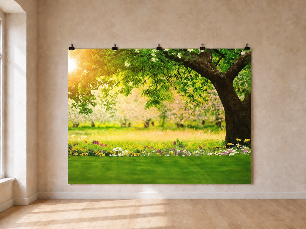 Spring Garden Tree and Lawn printed polyester backdrop, shown at244 x183cm with straight-cut unhemmed edges and wall clips. Flat printed scenery; accessories not included.