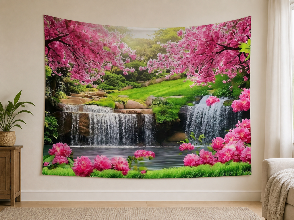 Pink Cherry Blossom Waterfall Tapestry Backdrop indoor application scene
