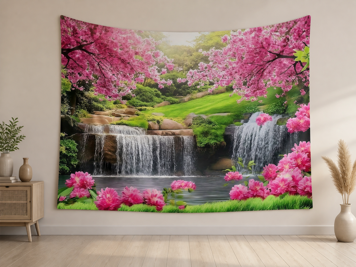 Pink Cherry Blossom Waterfall Tapestry Backdrop indoor application scene