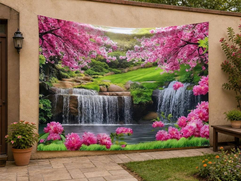 Pink Cherry Blossom Waterfall Tapestry Backdrop garden application scene