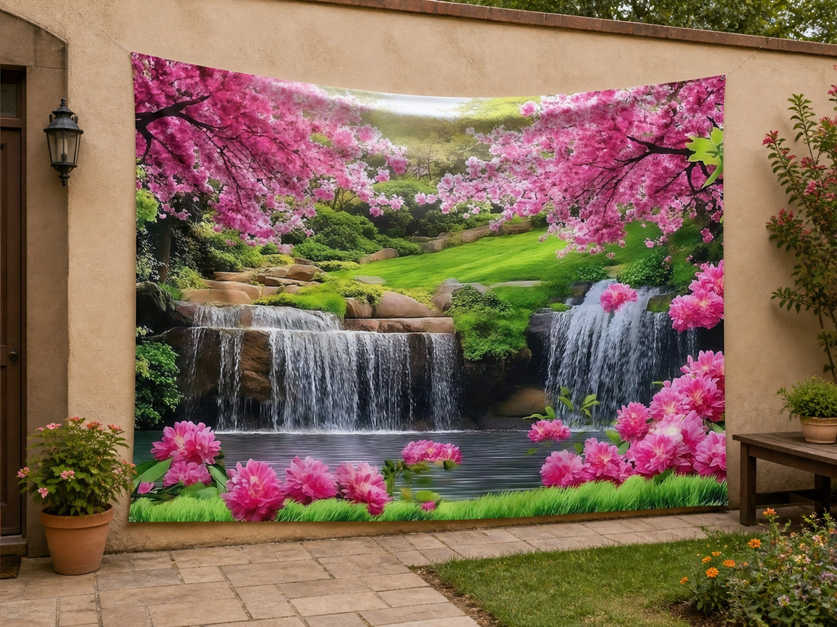 Pink Cherry Blossom Waterfall Tapestry Backdrop garden application scene