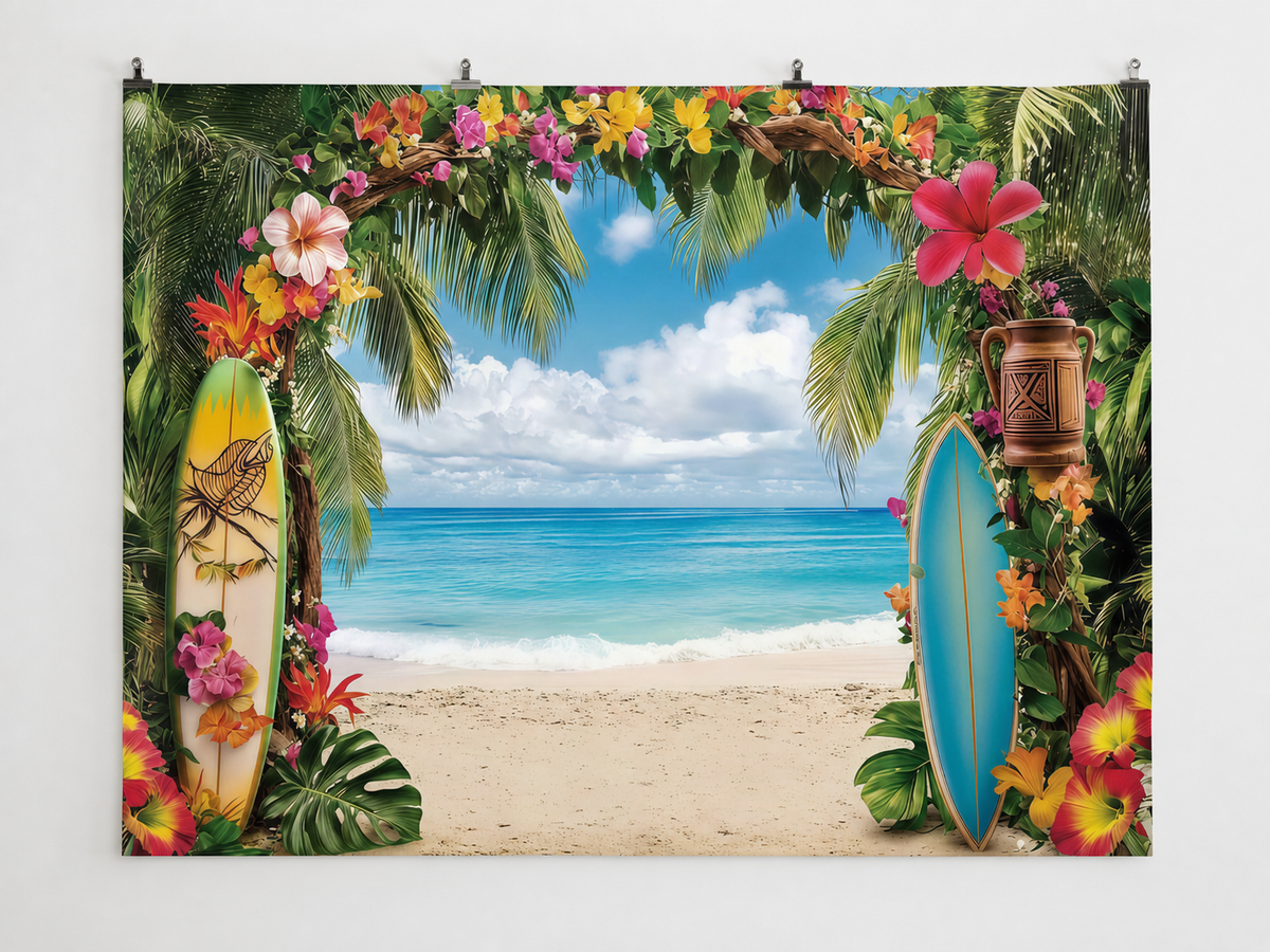 Tropical Surfboards and Beach Floral Arch Backdrop — complete flat printed design; accessories not included