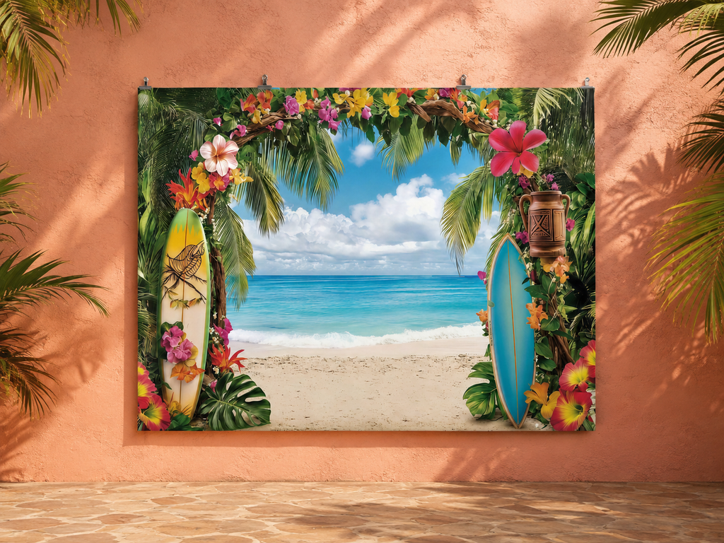 Tropical Surfboards and Beach Floral Arch Backdrop — temporary dry outdoor wall-clip display; accessories not included