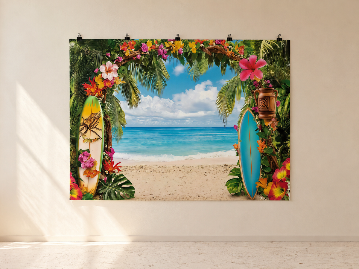Tropical Surfboards and Beach Floral Arch Backdrop — indoor wall-clip display; accessories not included
