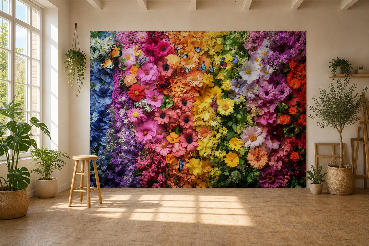 Rainbow Flower Wall and Butterflies Backdrop scene 1