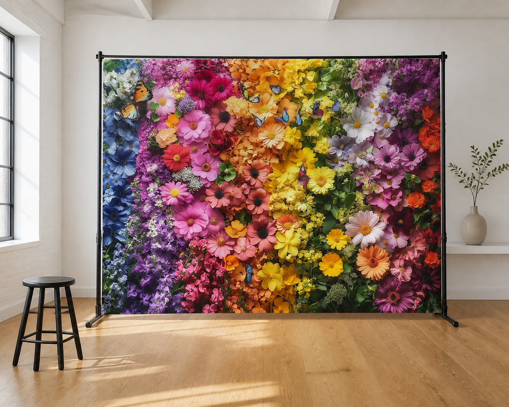 Rainbow Flower Wall and Butterflies Backdrop scene 2
