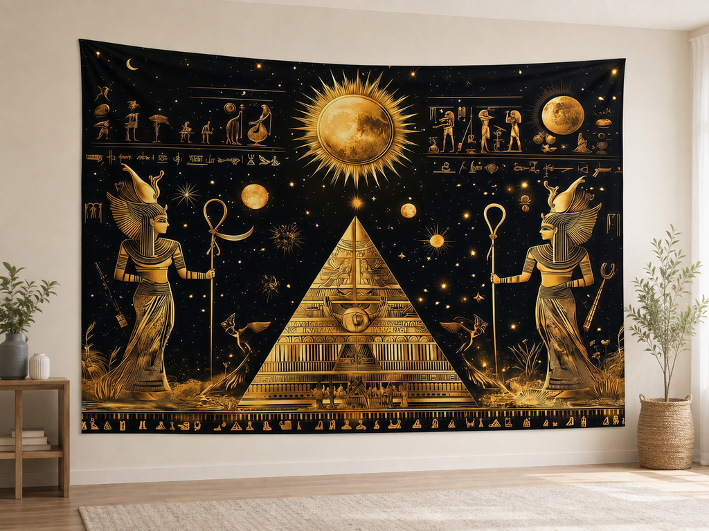 Golden Egyptian Pyramid Tapestry Backdrop indoor application scene