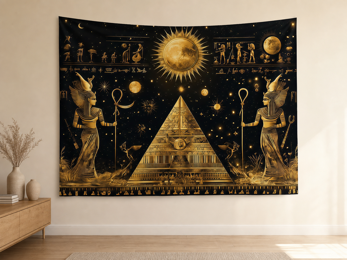 Golden Egyptian Pyramid Tapestry Backdrop indoor application scene