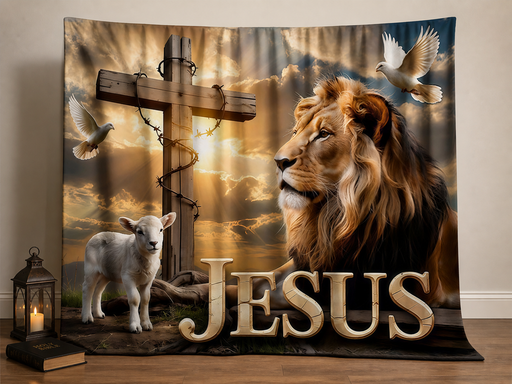 Jesus lion lamb cross fabric photography backdrop scene 1