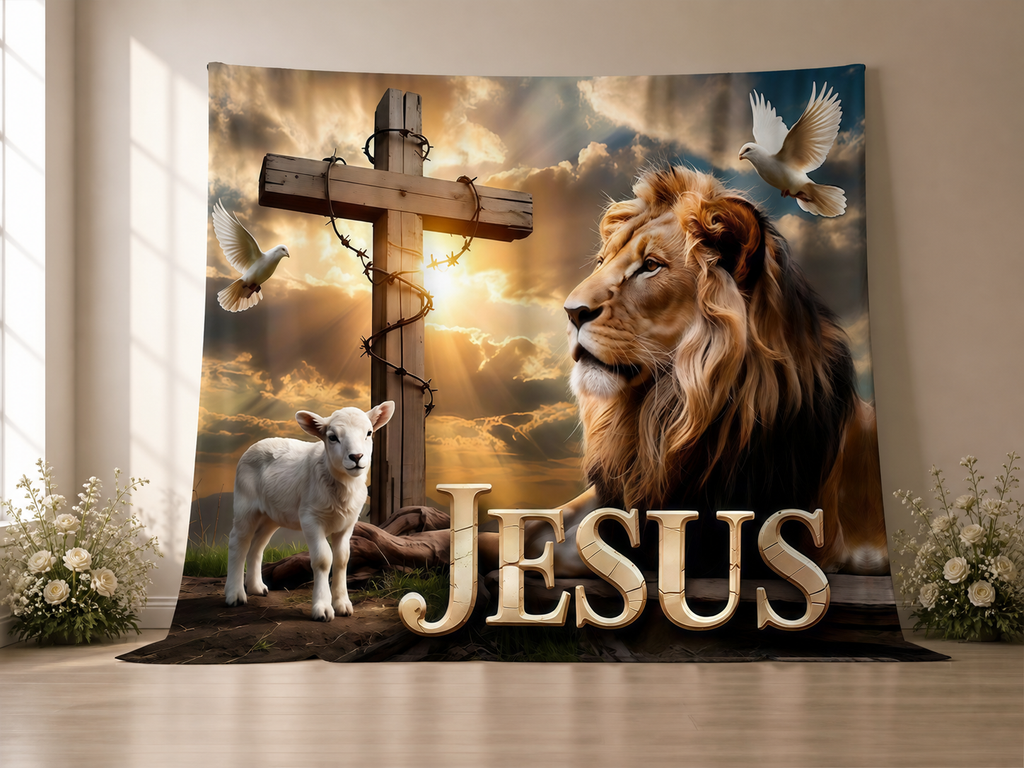 Jesus lion lamb cross fabric photography backdrop scene 2