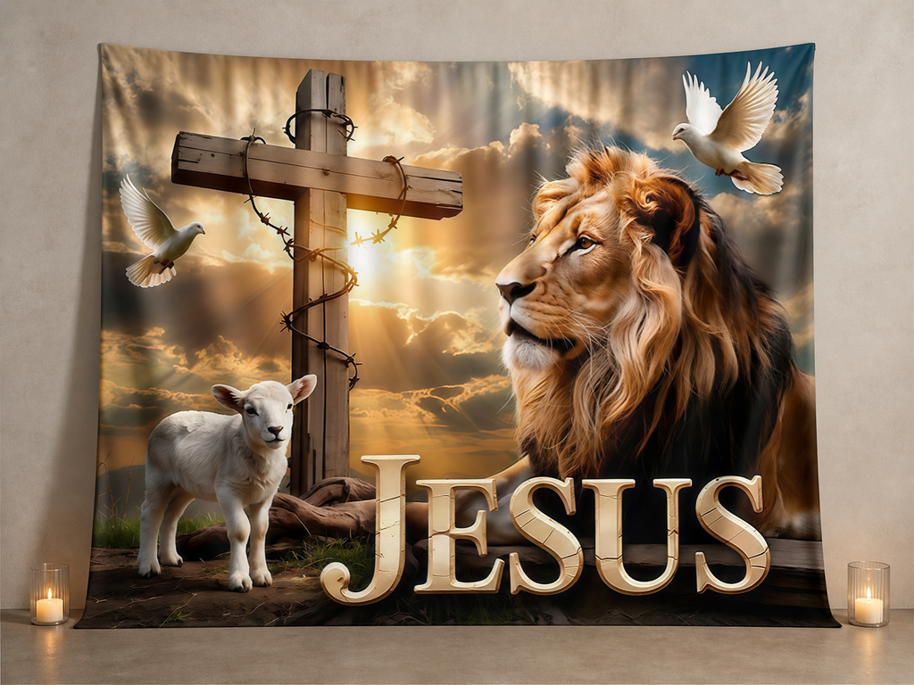 Jesus lion lamb cross fabric photography backdrop scene 3