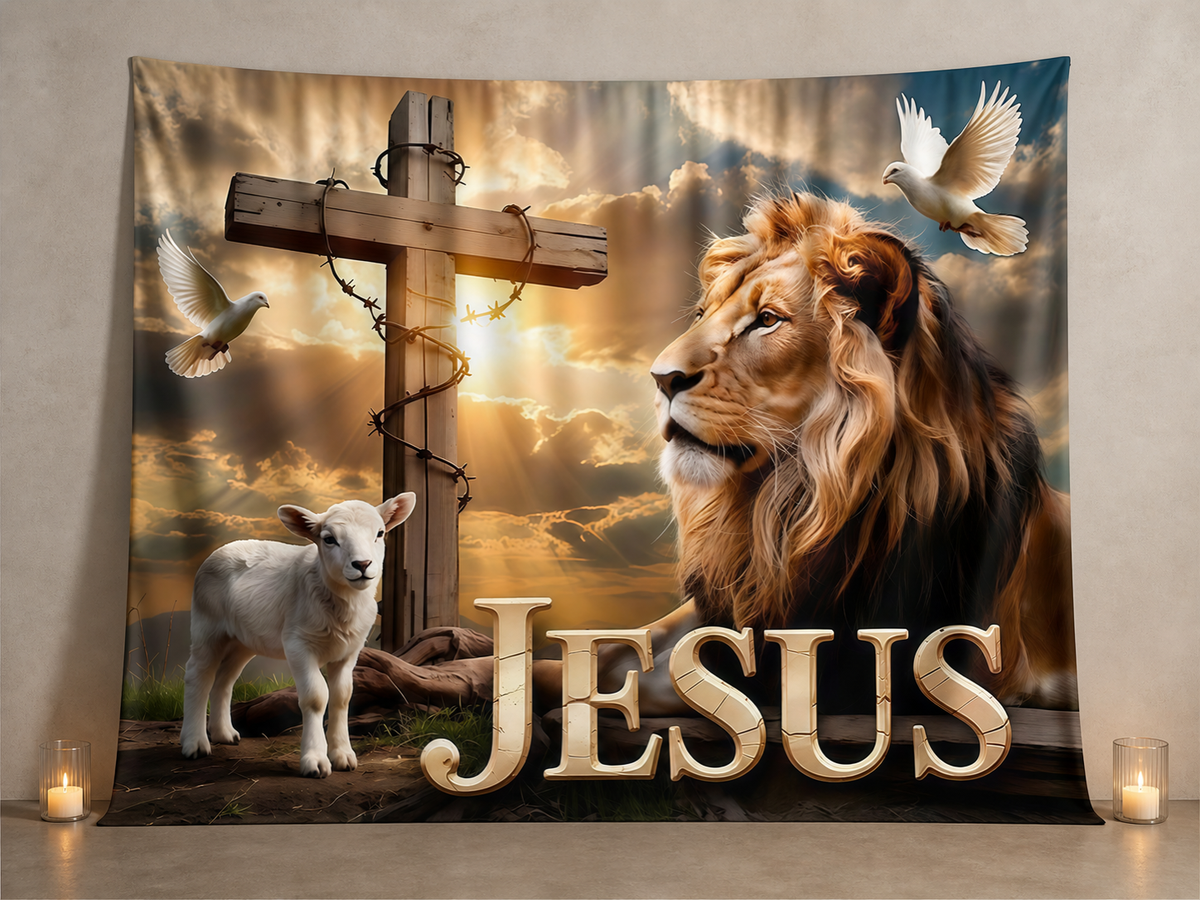 Jesus lion lamb cross fabric photography backdrop scene 3