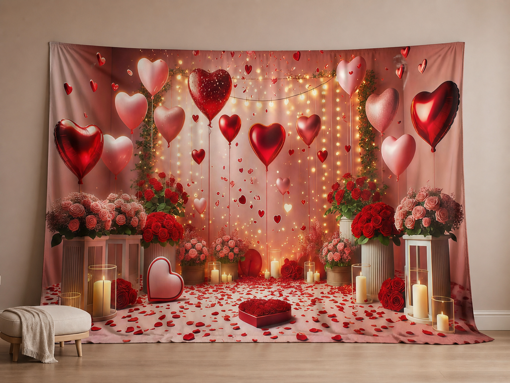 Romantic heart balloon rose fabric photography backdrop scene 2