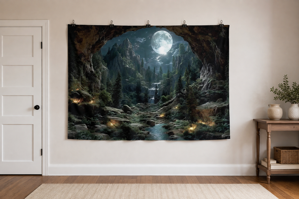 Moonlit Cave and Waterfall Backdrop clipped directly to wall