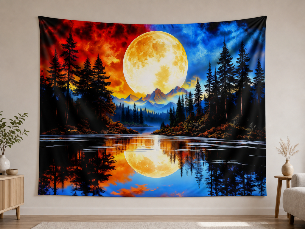 Fantasy Forest Moon Tapestry Backdrop displayed on a home wall