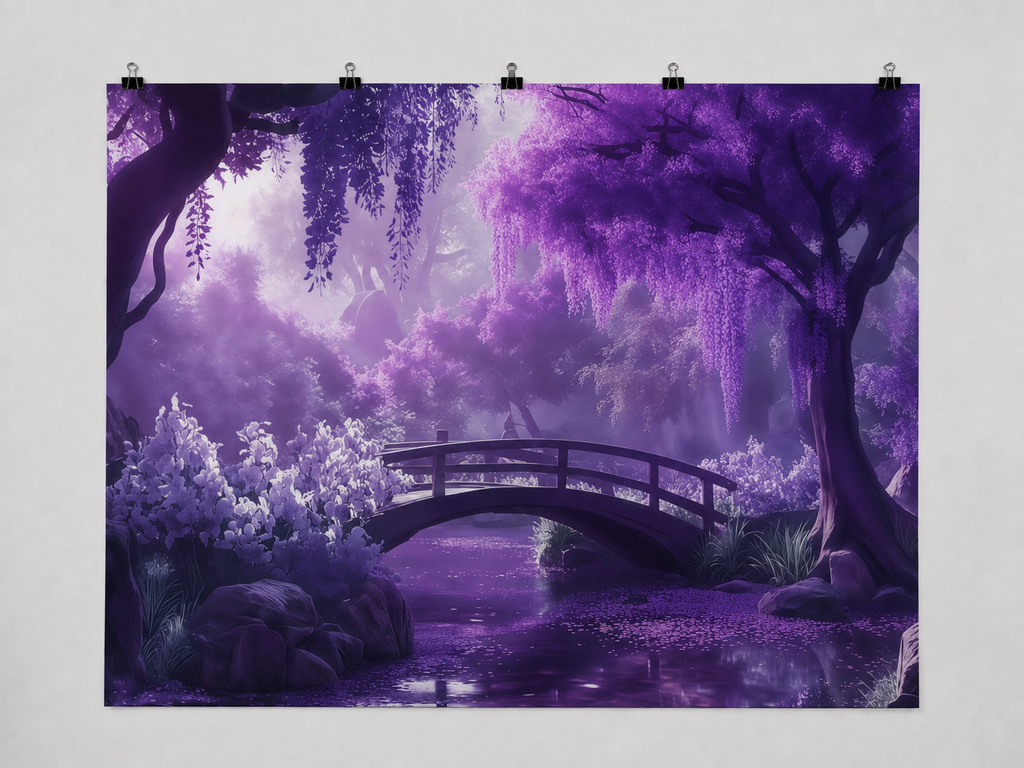 Purple Wisteria Bridge and Stream printed polyester backdrop, shown at244 x183cm with straight-cut unhemmed edges and wall clips. Flat printed scenery; accessories not included.