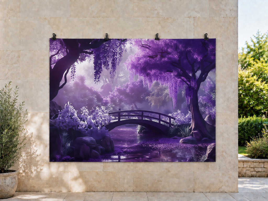 Purple Wisteria Bridge and Stream printed polyester backdrop, shown at244 x183cm with straight-cut unhemmed edges and wall clips. Flat printed scenery; accessories not included.