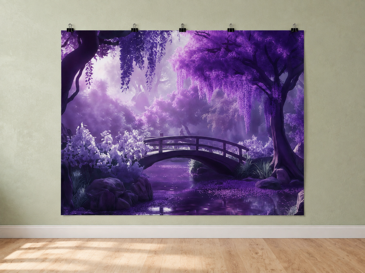 Purple Wisteria Bridge and Stream printed polyester backdrop, shown at244 x183cm with straight-cut unhemmed edges and wall clips. Flat printed scenery; accessories not included.