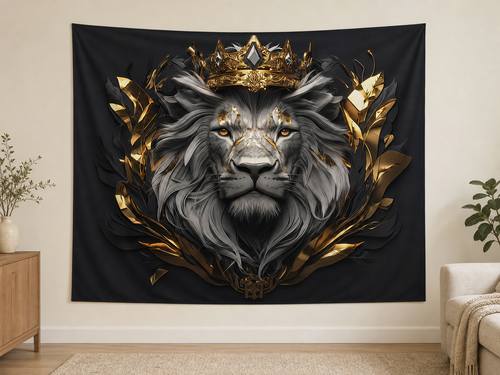 Black and Gold Crowned Lion tapestry backdrop realistic scene