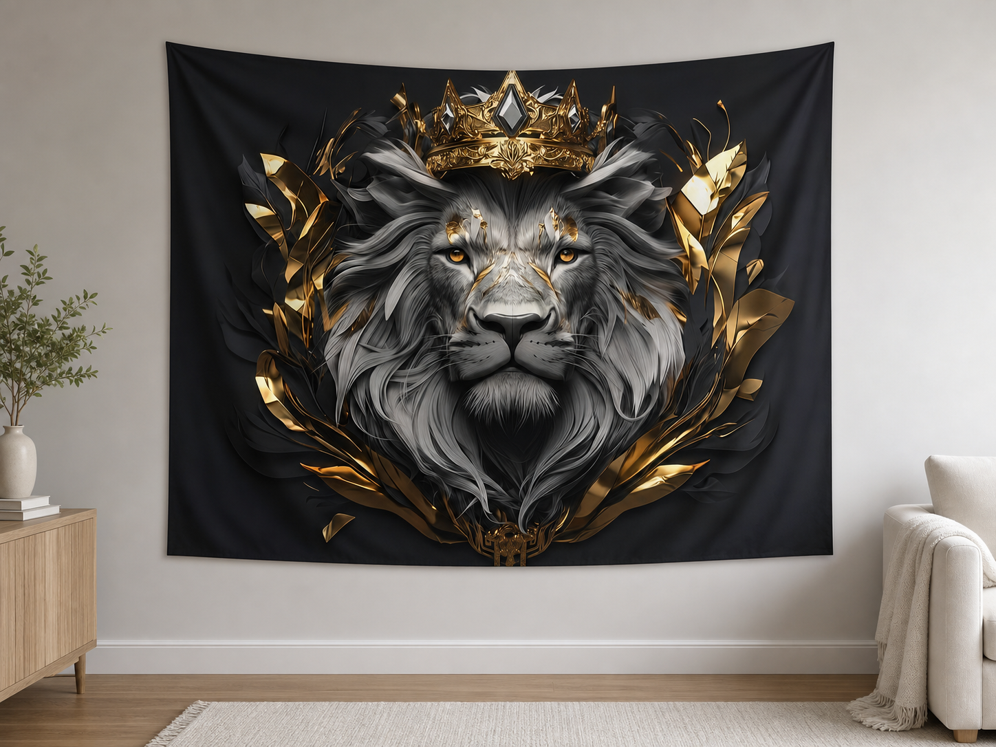 Black and Gold Crowned Lion tapestry backdrop alternate realistic scene