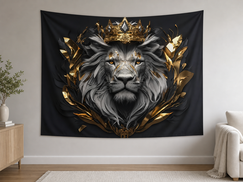 Black and Gold Crowned Lion tapestry backdrop alternate realistic scene