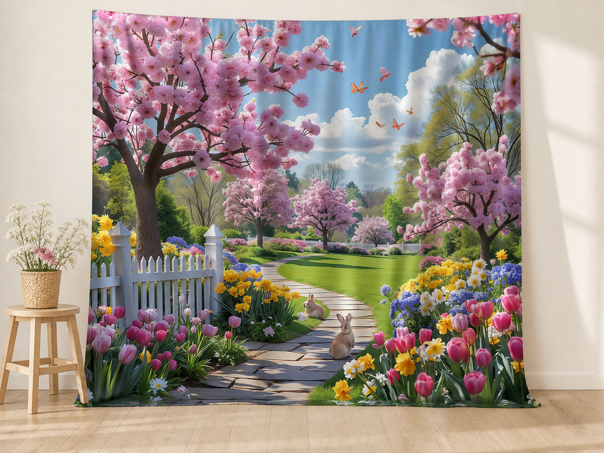 Spring cherry blossom garden with two rabbits photography backdrop in a family portrait scene