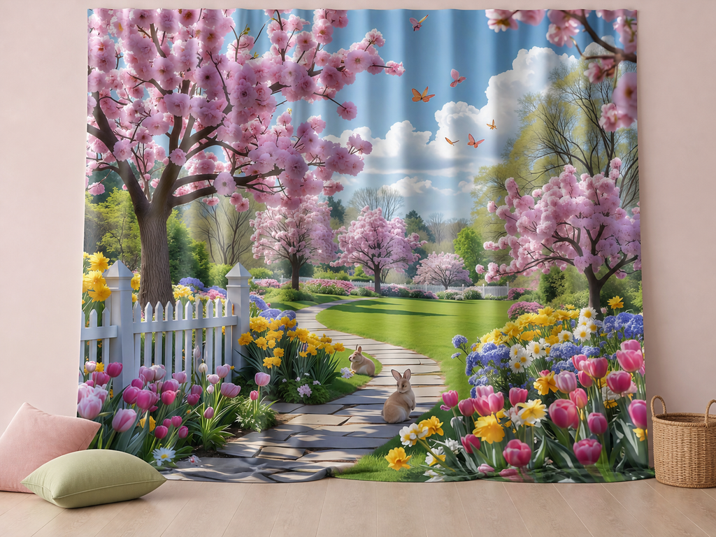 Spring cherry blossom garden with two rabbits photography backdrop in an Easter scene