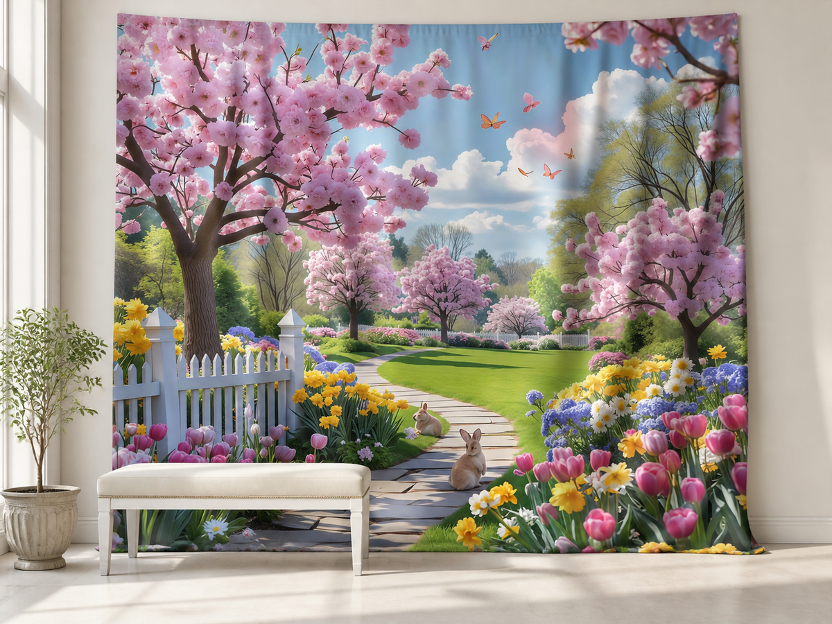 Spring cherry blossom garden with two rabbits photography backdrop in a garden party scene