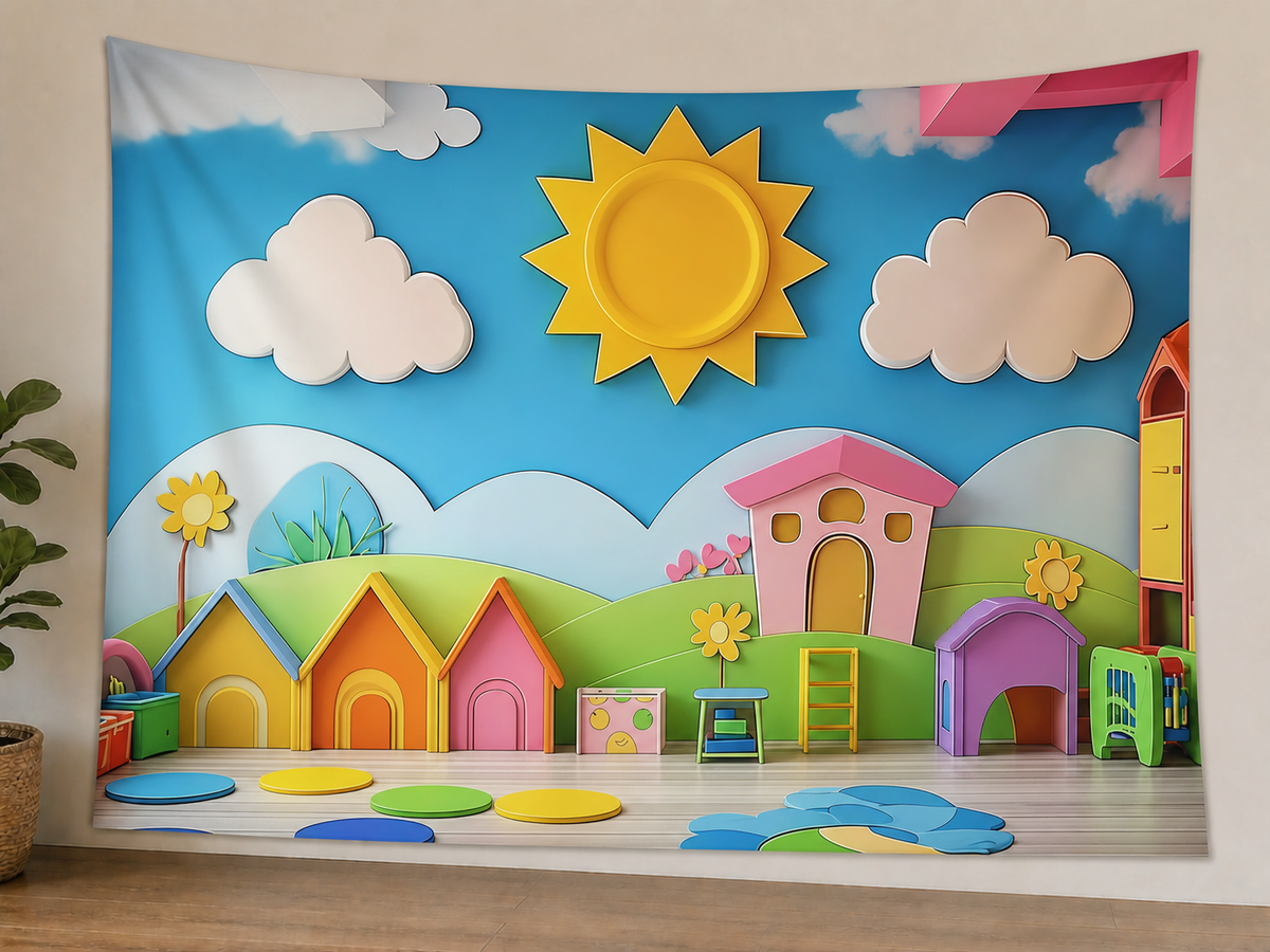 Colorful Children's Playroom Backdrop in a realistic home wall setting