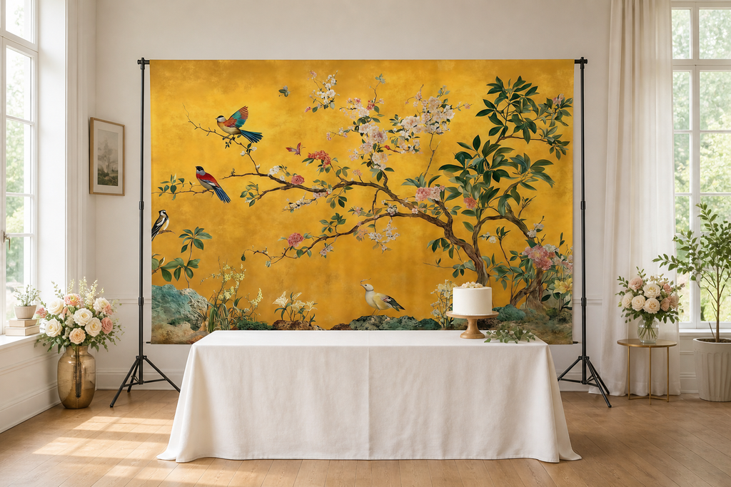 Golden Chinoiserie Birds and Flowers Backdrop in event studio