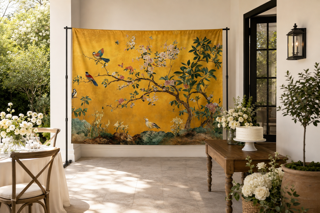 Golden Chinoiserie Birds and Flowers Backdrop in alternate room setting