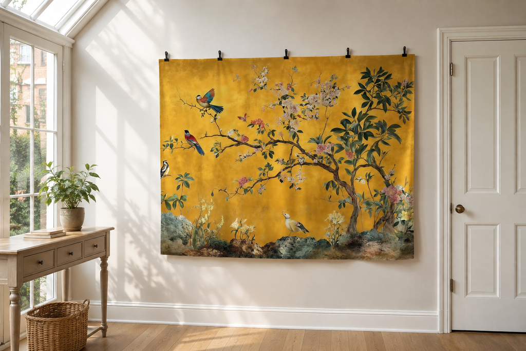 Golden Chinoiserie Birds and Flowers Backdrop clipped directly to wall