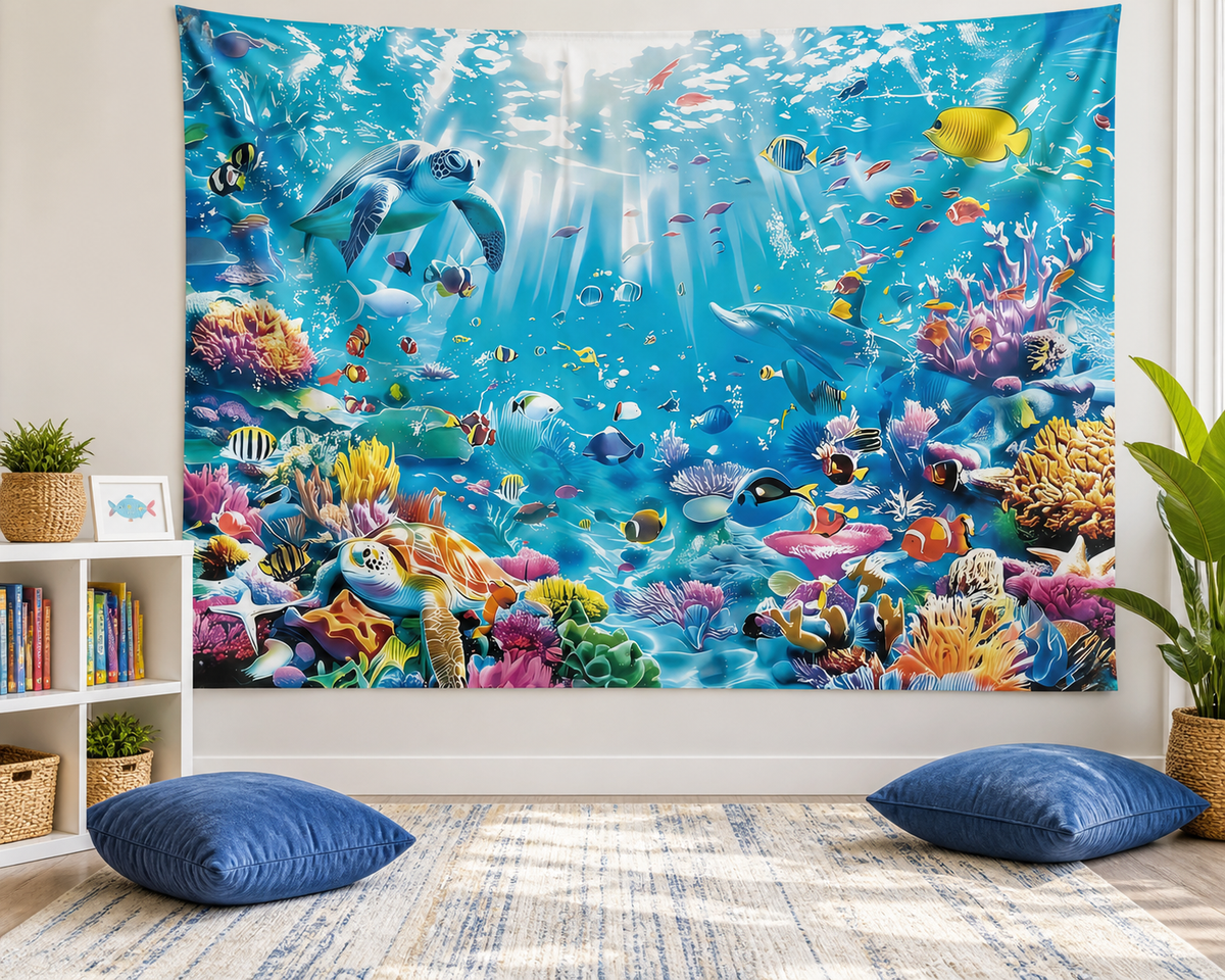Underwater Marine Life Tapestry Backdrop playroom