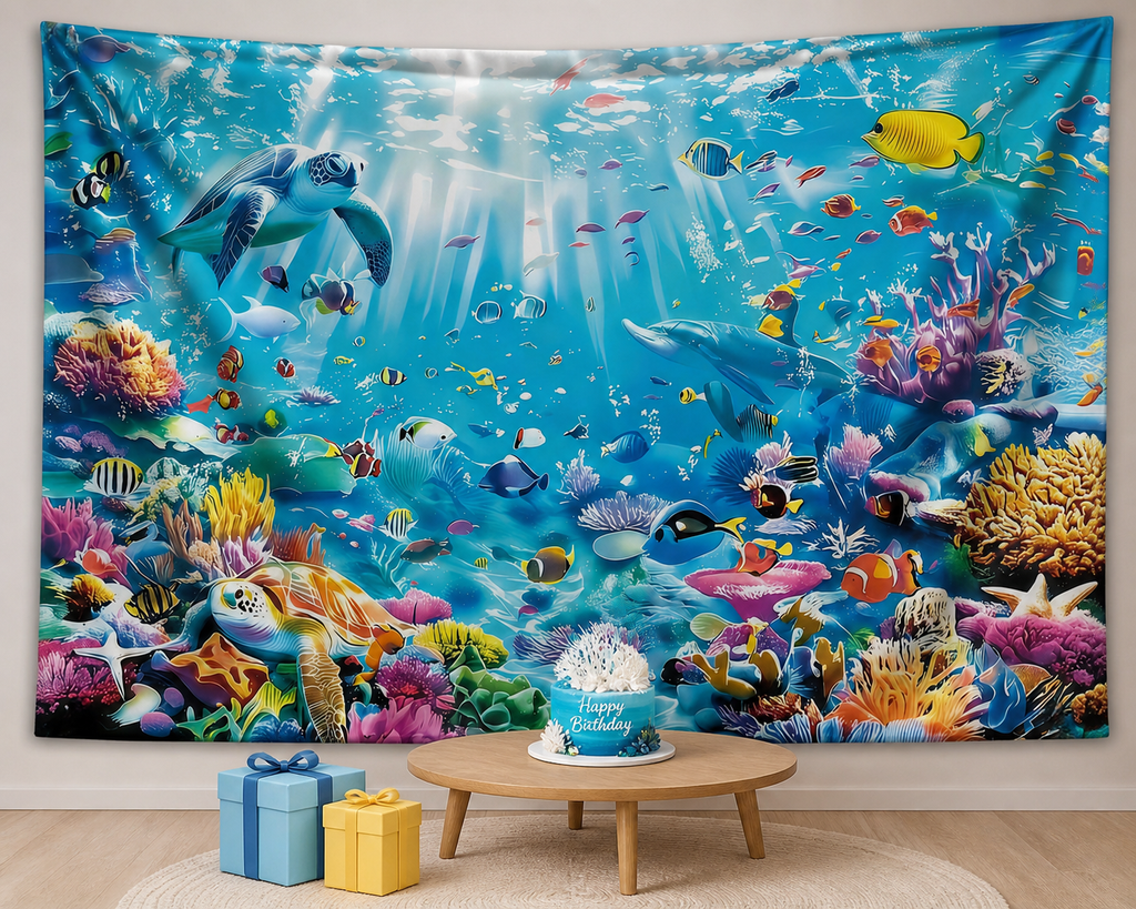 Underwater Marine Life Tapestry Backdrop birthday area
