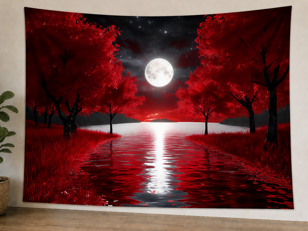 Red Moon Forest Lake Tapestry Backdrop displayed on a lightweight polyester backdrop