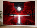 Red Moon Forest Lake Tapestry Backdrop displayed on a lightweight polyester backdrop