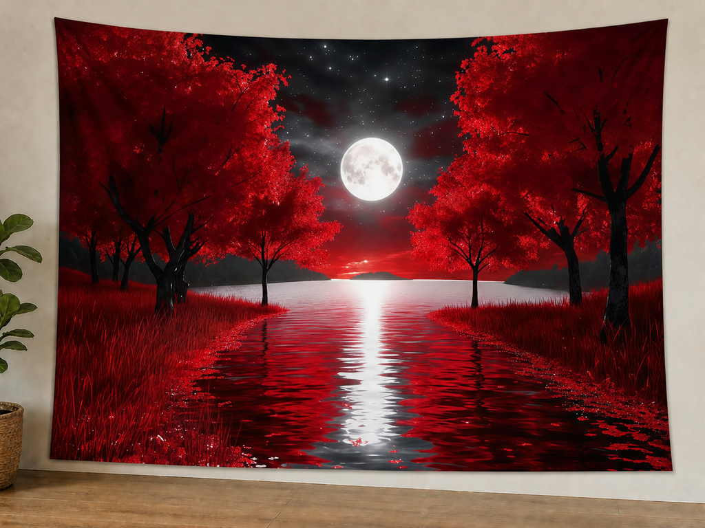 Red Moon Forest Lake Tapestry Backdrop in a realistic home wall setting