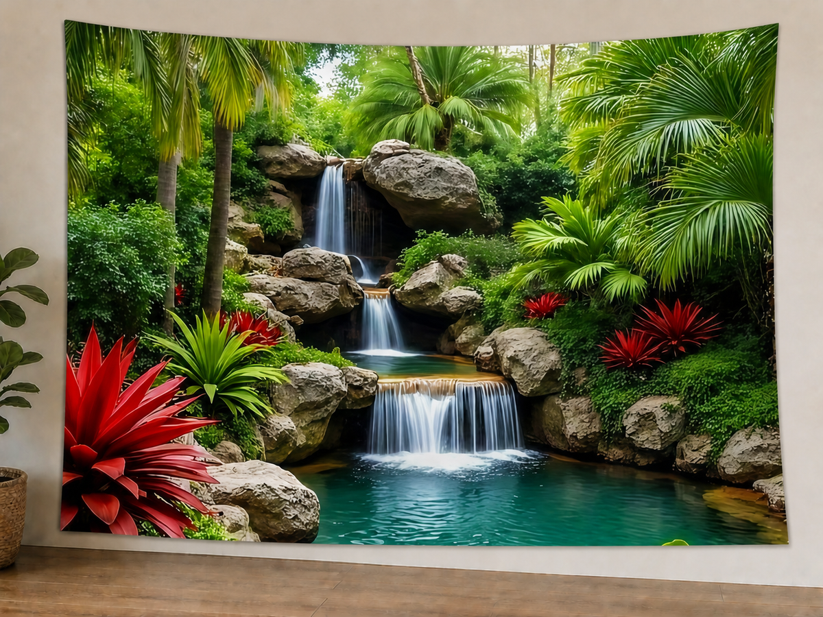 Tropical Garden Waterfall Backdrop in a realistic home wall setting