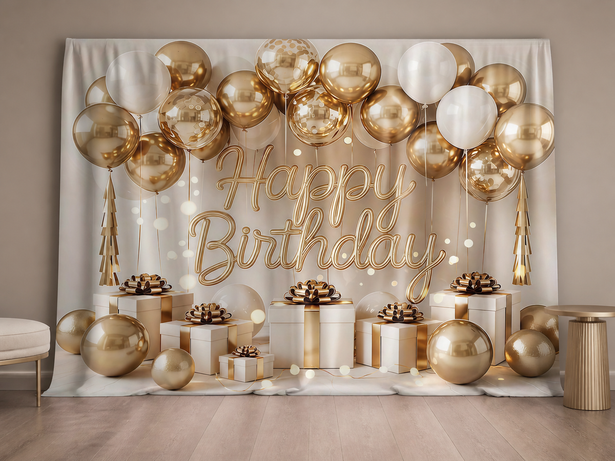 Gold white Happy Birthday balloons gifts photography backdrop