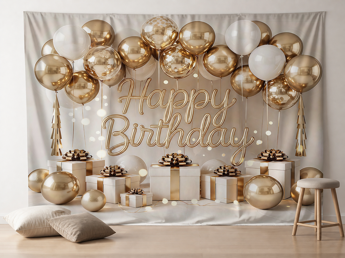 Gold white birthday fabric backdrop with gifts in studio