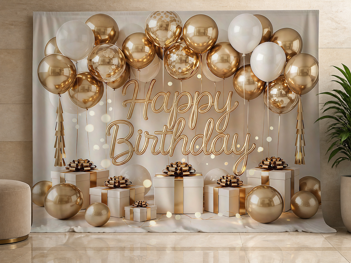 Elegant gold white Happy Birthday photography backdrop