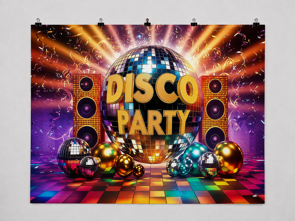 Retro Disco Party printed polyester backdrop, shown at244 x183cm with straight-cut unhemmed edges and wall clips. Flat printed scenery; accessories not included.