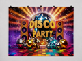 Retro Disco Party printed polyester backdrop, shown at244 x183cm with straight-cut unhemmed edges and wall clips. Flat printed scenery; accessories not included.