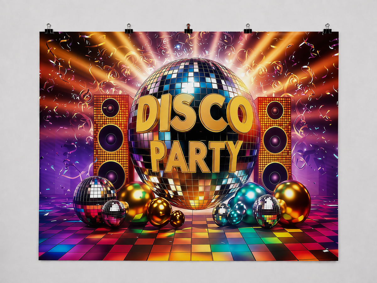Retro Disco Party printed polyester backdrop, shown at244 x183cm with straight-cut unhemmed edges and wall clips. Flat printed scenery; accessories not included.