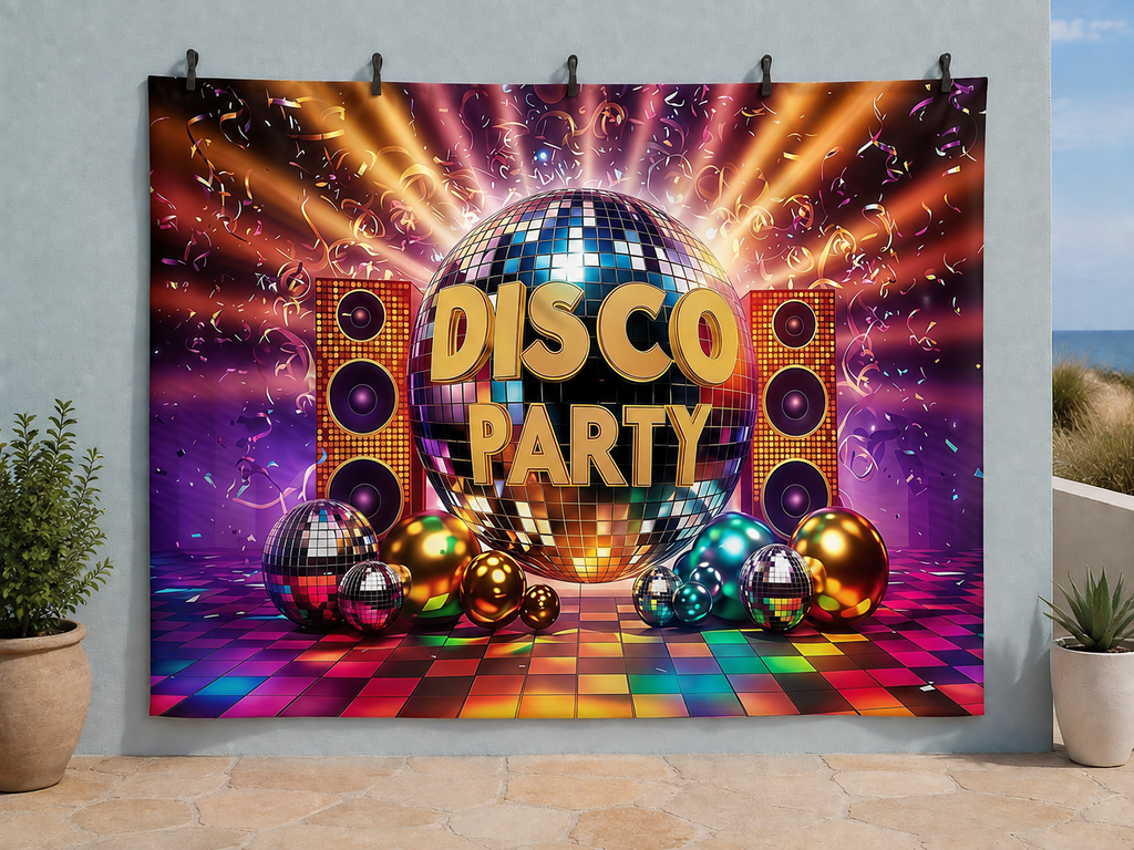 Retro Disco Party printed polyester backdrop, shown at244 x183cm with straight-cut unhemmed edges and wall clips. Flat printed scenery; accessories not included.