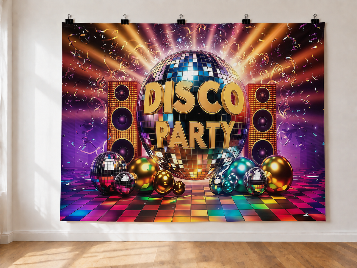 Retro Disco Party printed polyester backdrop, shown at244 x183cm with straight-cut unhemmed edges and wall clips. Flat printed scenery; accessories not included.